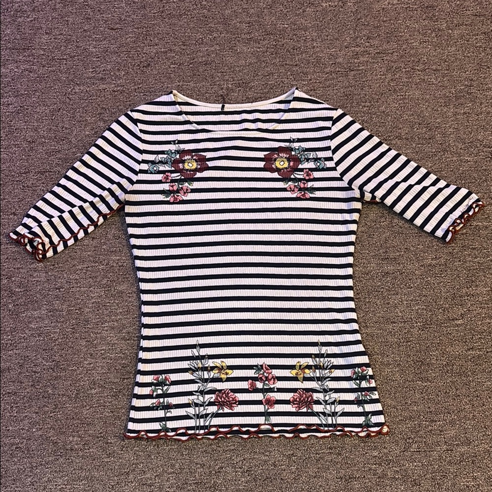 Striped Floral Embroidered Women's Top